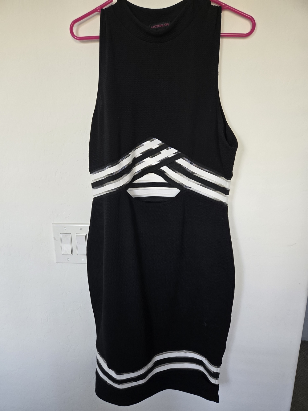 Material Girl Black Mini Dress with White Cutout Stripe Details